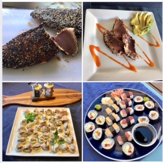 A grid of four images, each displaying a different serving suggestion for tuna including smoked, seared sesame seeds and in sushi